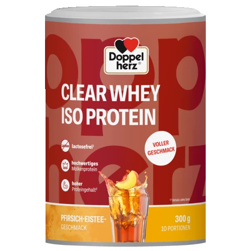 Abbildung der Produktverpackung  Doppelherz CLEAR WHEY ISO PROTEIN Pfirsich-Eistee Frontansicht